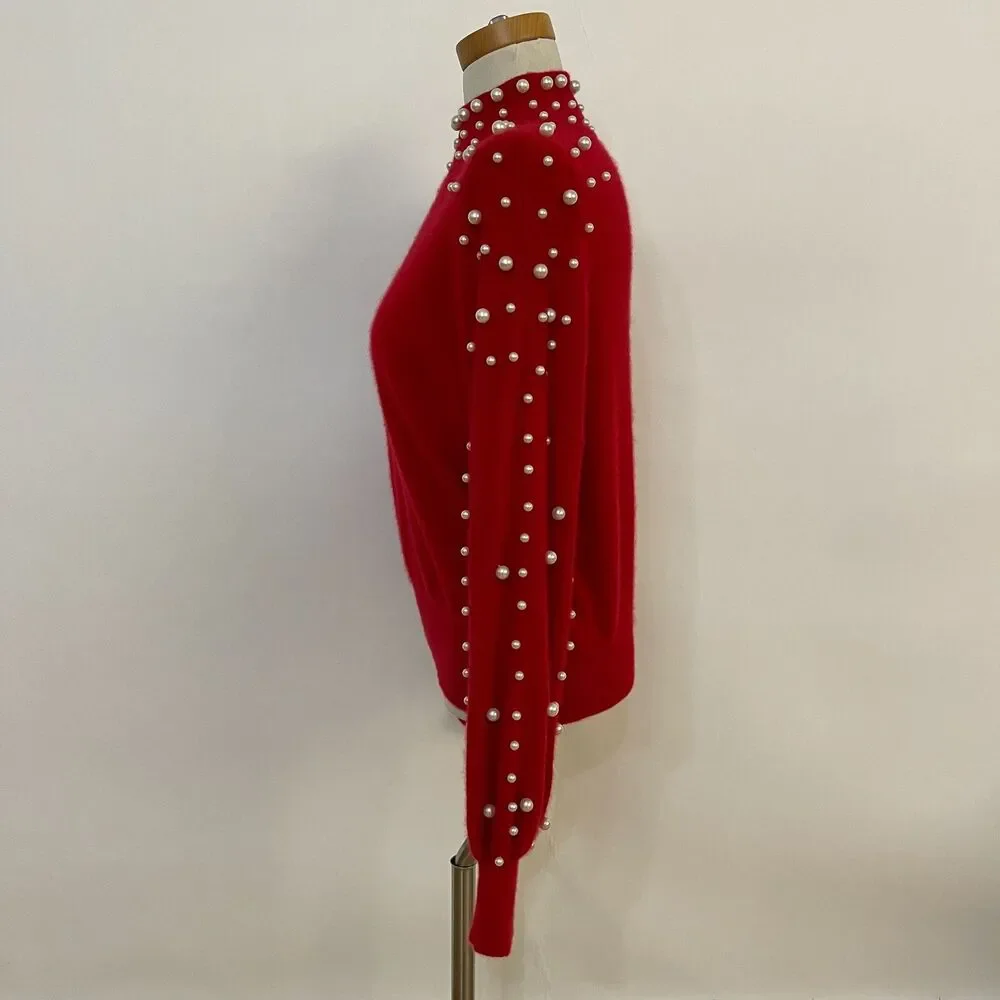 Charter Club Sweater Luxury 100% Cashmere Large‎ Red Faux White Pearls